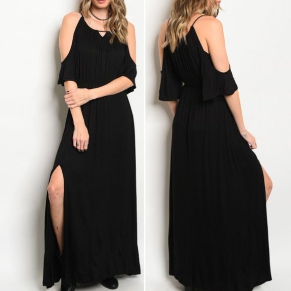 COLD SHOULDER BLACK KNIT MAXI DRESS - Picture 1 of 3
